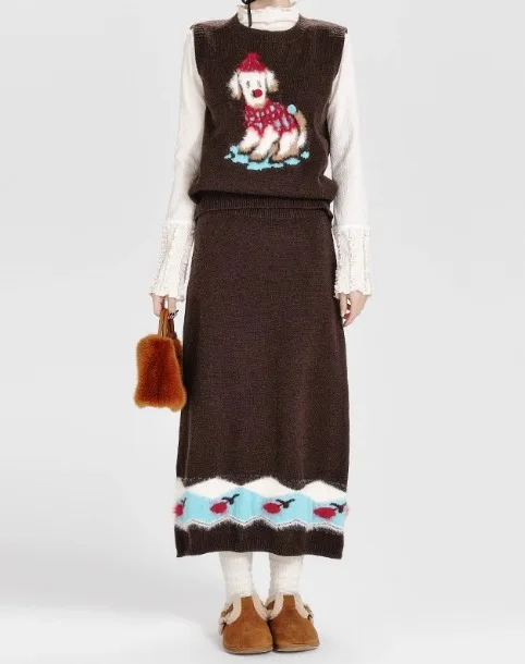 2025 خريف شتاء جديد المرأة خمر الكرتون جرو سترة جاكار عالية الخصر فضفاضة تنورة طويلة غير رسمية قطعتين مجموعة