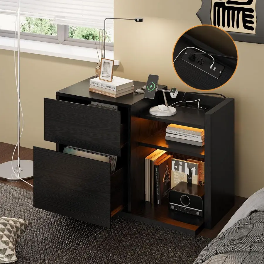 

Black Night Stand with Shelves, Charging Station amp LED, 2 Drawer Wooden Bedside Table Record Player Stand for Bedroom, Entryw