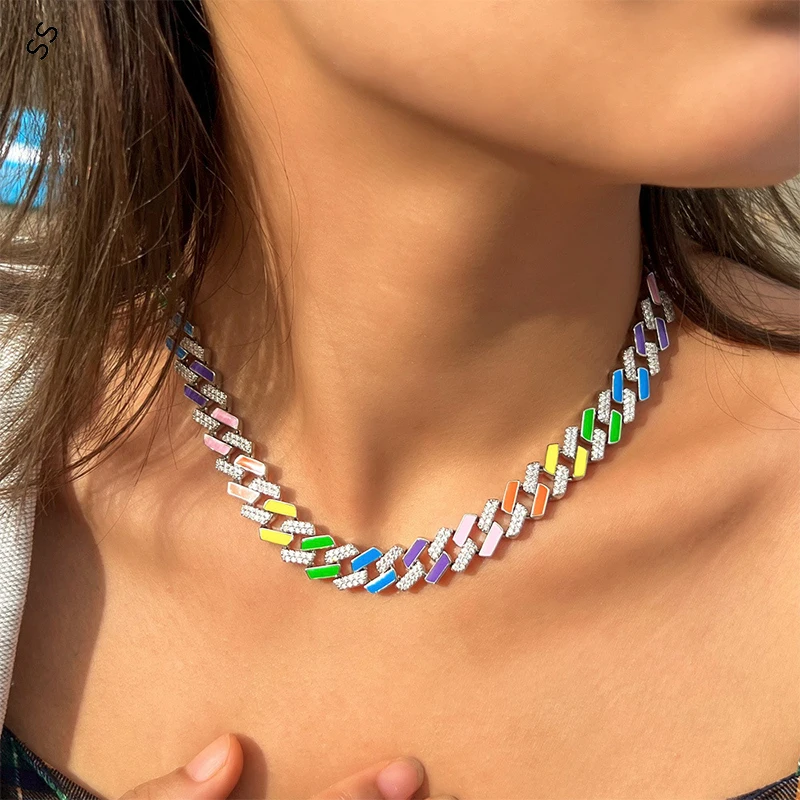 

European and American Hiphop Hipster Colorful Cuban Chain Micro-inset Zircon Diamond Rainbow Men and Women Necklace Choker 43cm