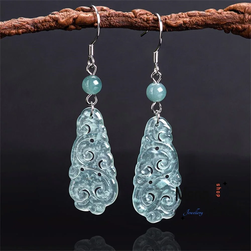 

Natural A-goods Jadeite Blue Water Ruyi S925 Silver Inlaid Ice Jade Earrings Exquisite Elegant Simple High-grade Fashion Jewelry