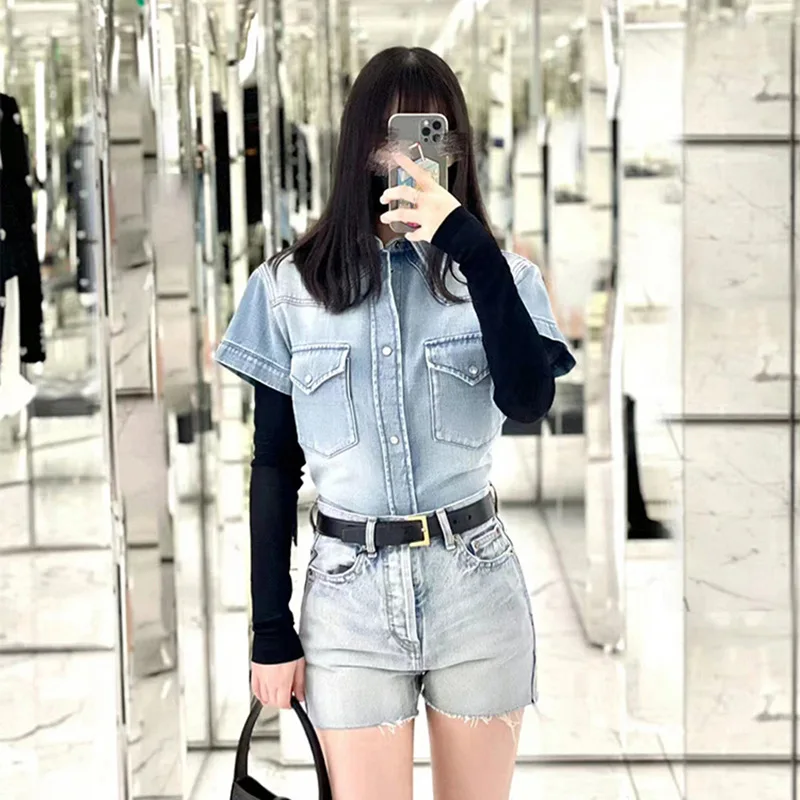 Niche 2023 new wash to do old denim shirt half sleeve single breasted short-sleeved shirt 100 top women