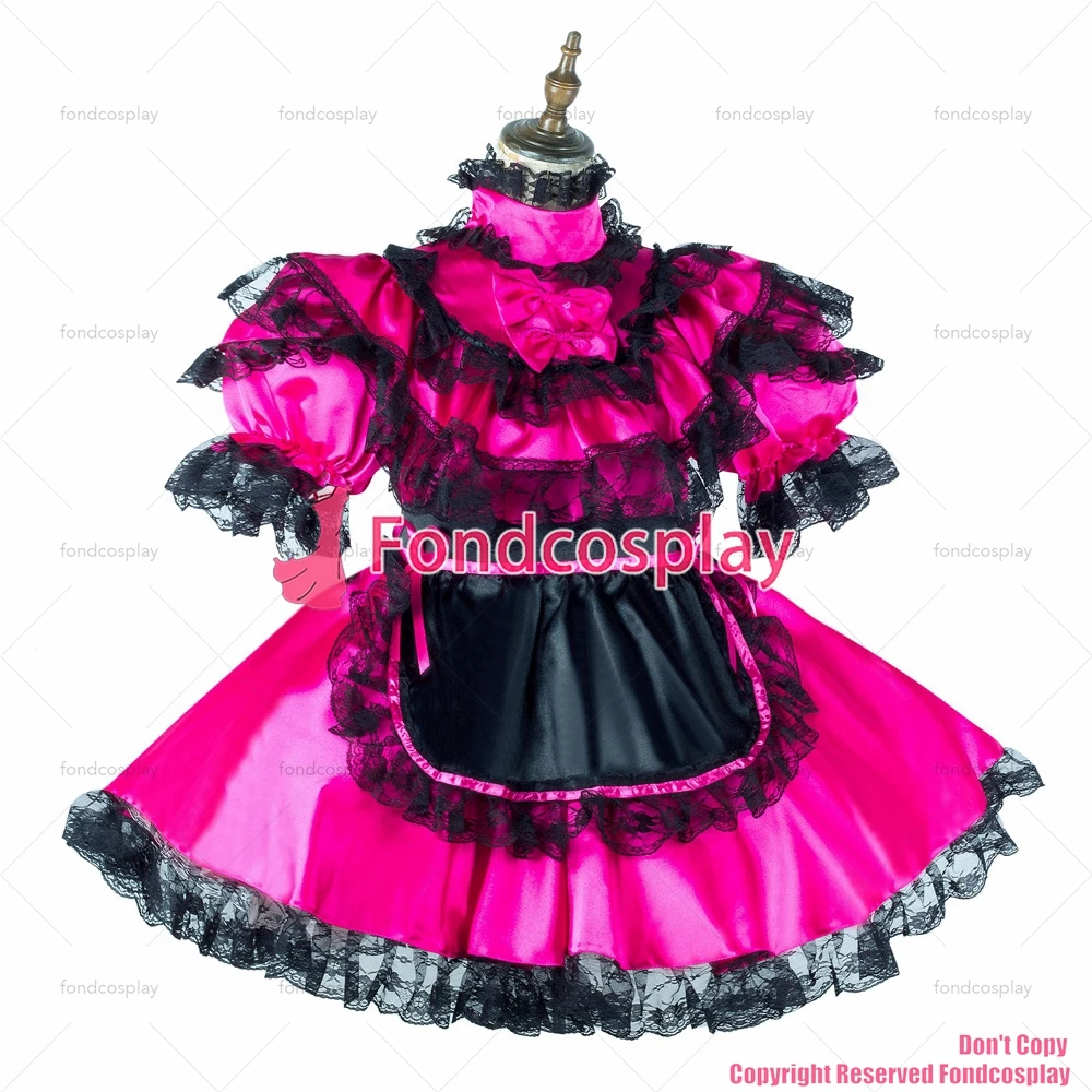 fondcosplay adult sexy cross dressing sissy maid hot pink satin dress lockable Uniform black apron costume CD/TV[G2147]