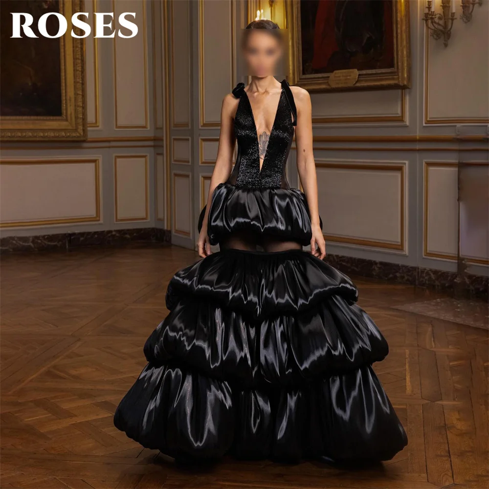 ROSES Black Evening Dresses Deep V Neck Formal Gown Spaghetti Strap Night Dresses Layered Prom Dresses A Line Satin Customized