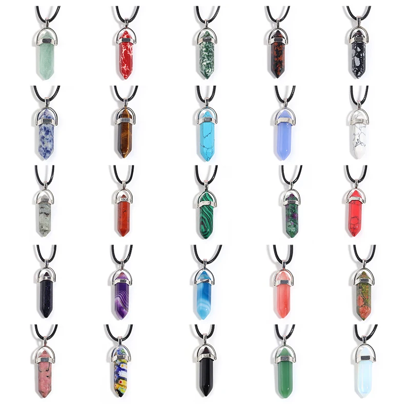 مسدس عمود الكوارتز قلادة الفيروز الوردي كريستال قلادة جلد طبيعي سلسلة الحجر الطبيعي المختنق قلادة #4