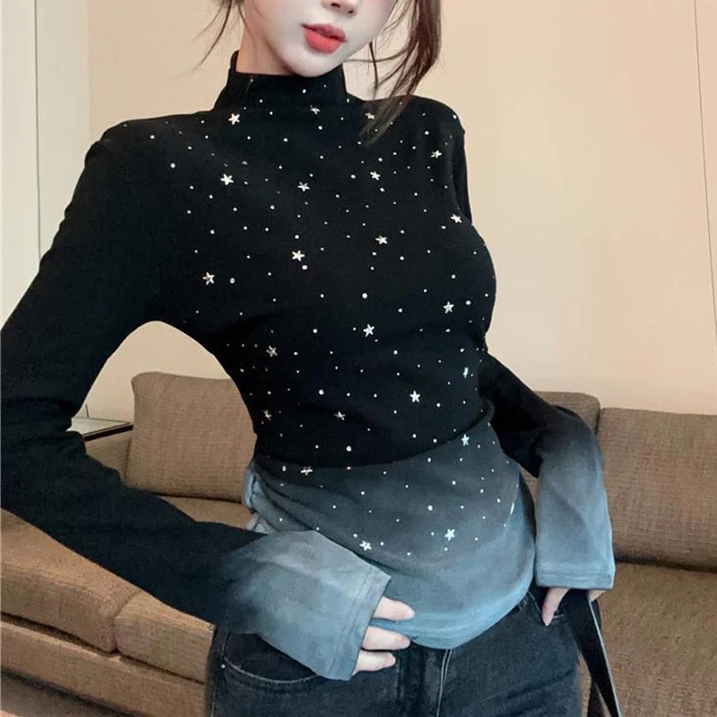 Women Clothing Korean Fashion Gradient Print Sexy Sweet Basic T-shirt Y2K Female Half High Collar Skinny Long Sleeve Cotton Tops