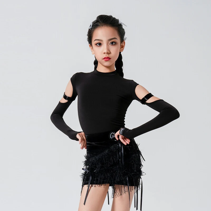 2024 Latin Dance Practice Costume Girl's Black Long Sleeve Tops Tassel Skirt Set Samba Performance Clothes Stage Costume XH1596