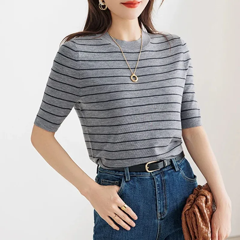 

Вязаный свитер для женщин, модный пуловер с коротким рукавом, круглым вырезом, в полоску, вязаный свитер-пуловер, женские топы, свитера, трикотаж Q3485