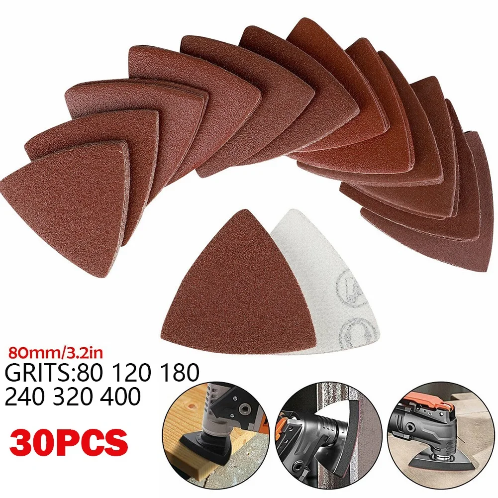 

30Pcs 80mm Hook & Loop Triangle Sandpaper Fit 3-1/8 Inch Oscillating Multi Tool For Polishing Cleaning Power Tools Sanding Paper