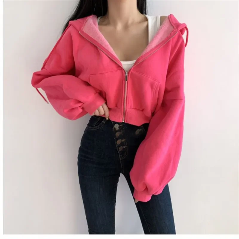 

Women Sweatshirts Hooded Long Sleeve Solid Color Hoodies High Waist Pockets Zipper Streetwear Cardigan Draw String Pockets