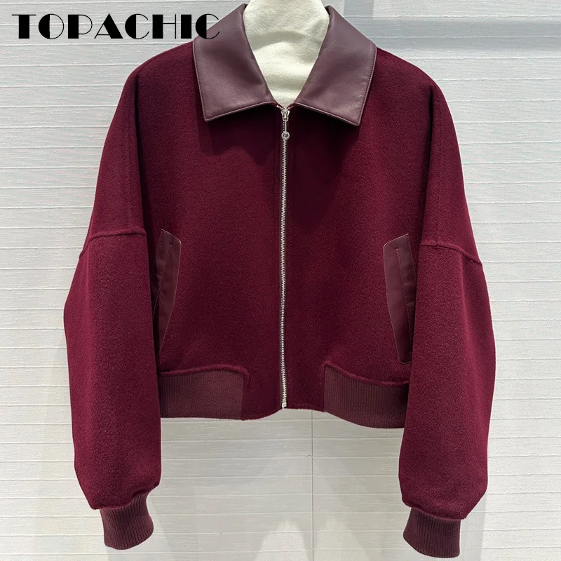 8.21 TOPACHIC- Women\'s Lapel Spliced Leather Pocket Zipper Loose Jacket Soft Comfortable Double-Sided Wool Cashmere Short Coat