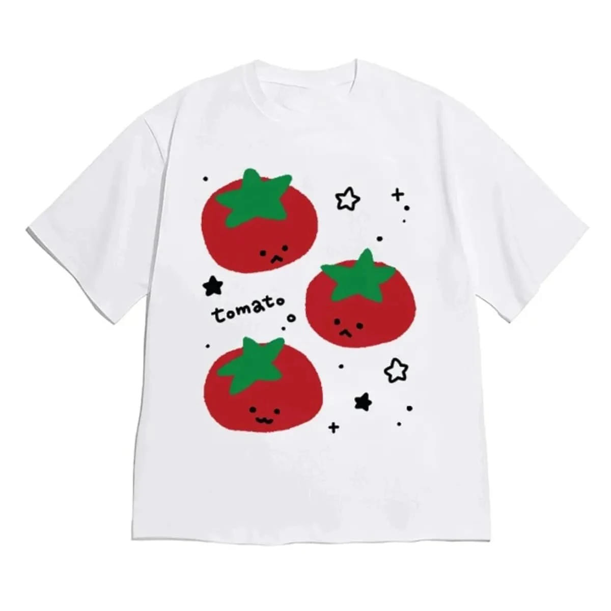 Cute Doodle Tomato Cat Korean Hangul Letter Print T Shirt Women Loose Cotton Short Sleeve Kawaii Aesthetic Harajuku Basic Tee