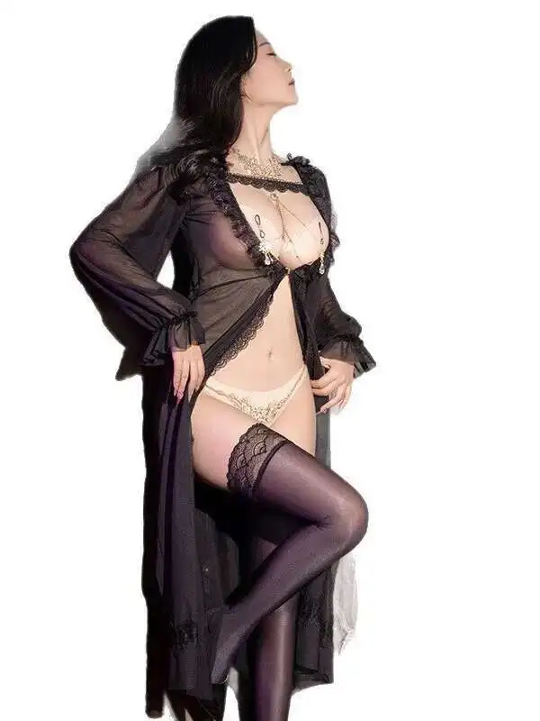 Kleid Elegant Sexy Pure Desire Spitze Robe Mesh Spitze Sheer V-ausschnitt Nackte Brust Unterwäsche 2025, Neue Mode Koreanische Kleider HFF7