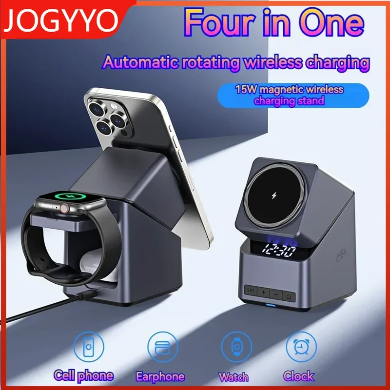 

4в1 электрическое вращающееся магнитное беспроводное зарядное устройство 15 Вт, дисплей времени, сенсорное вращение для iPhone16-12, AppleWatch, идеальная подставка для зарядки