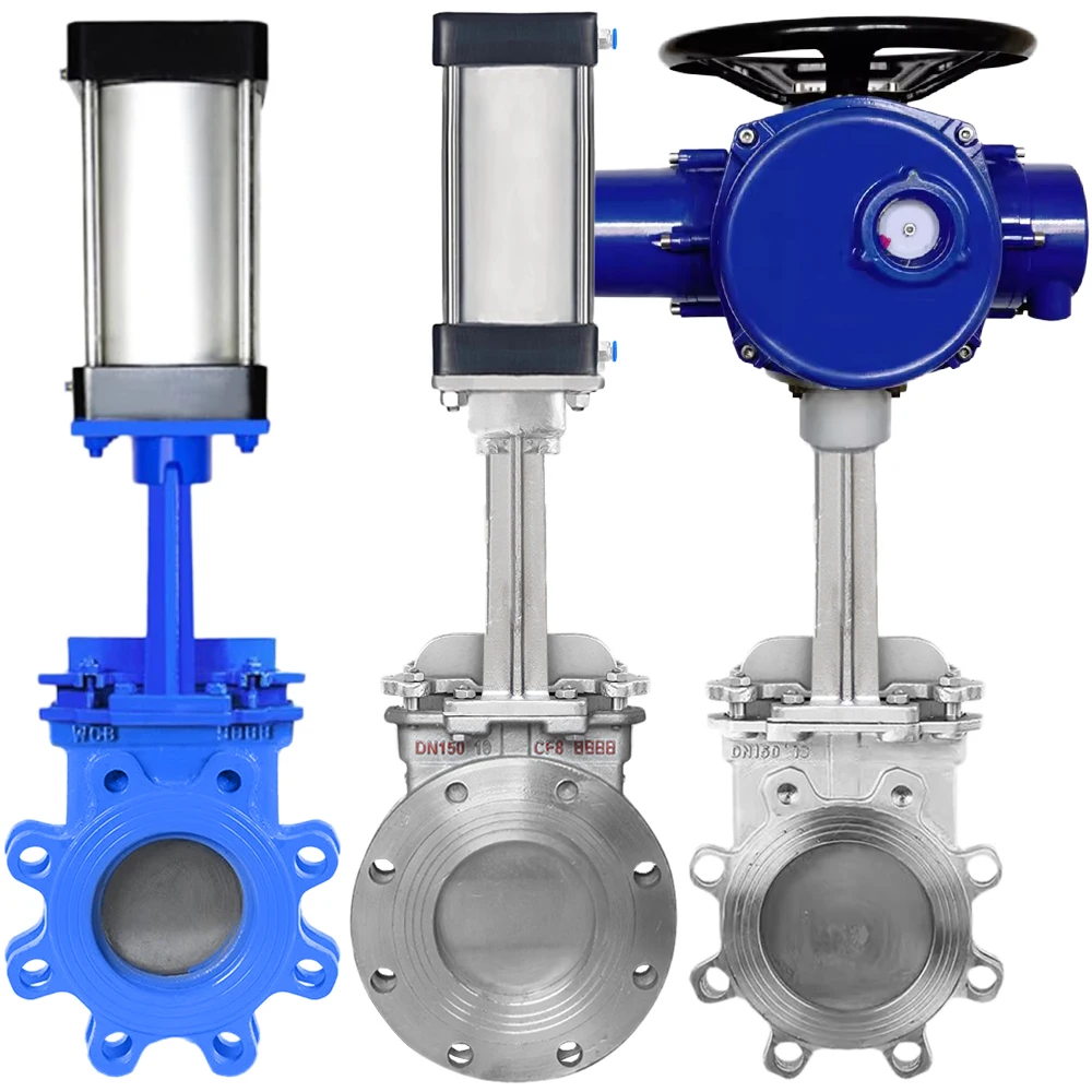 100mm Pneumatic Slurry Knife Gate Valves Non-rising Stem Pneumatic Actuator Air Control Double Flange Cast Iron Knife Gate Valve