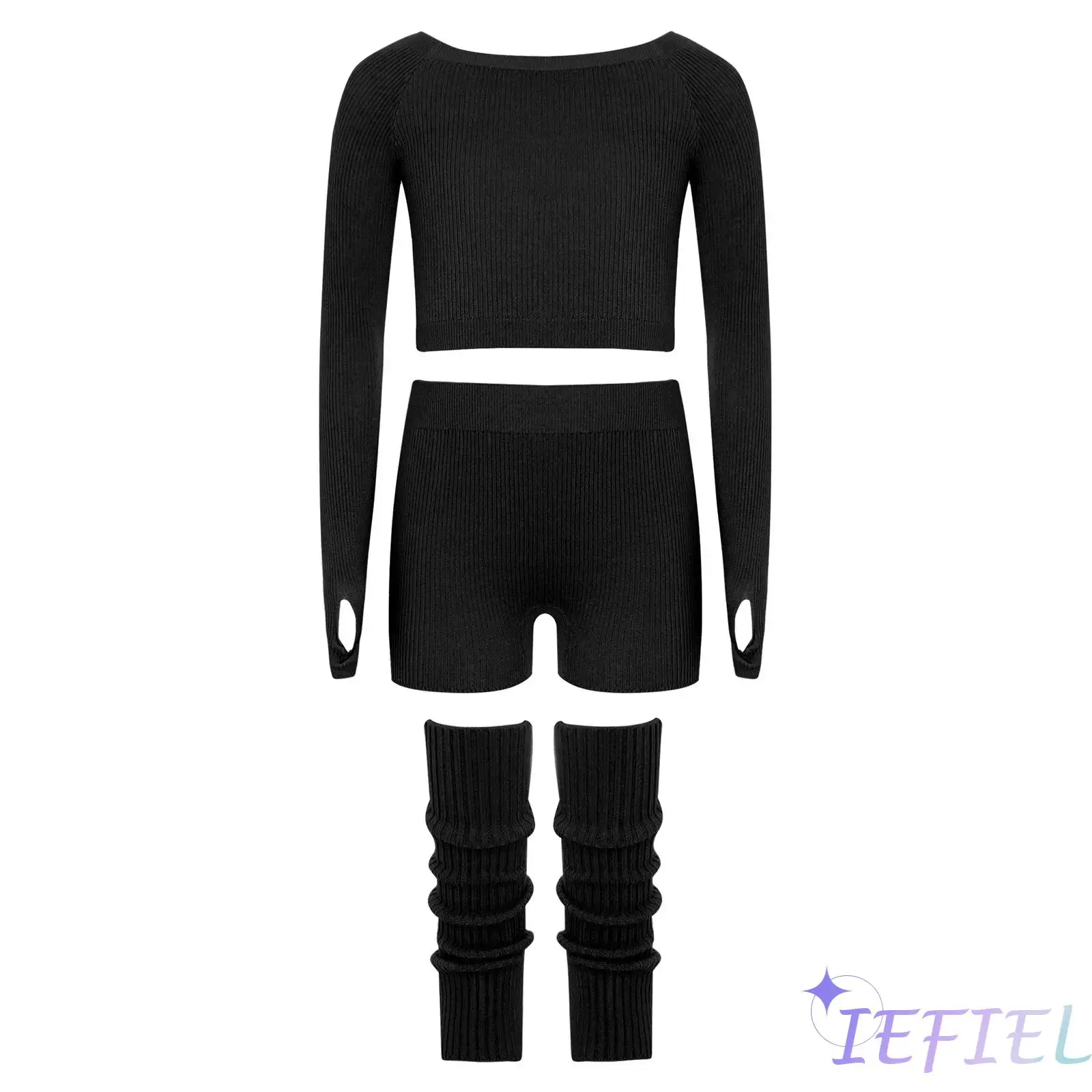 

Kids Girls Artistic Lyrical Dance Costume Ballet Pilates Yoga Dance Training Outfit Long Sleeve Crop Top+Shorts+Leg Warmers