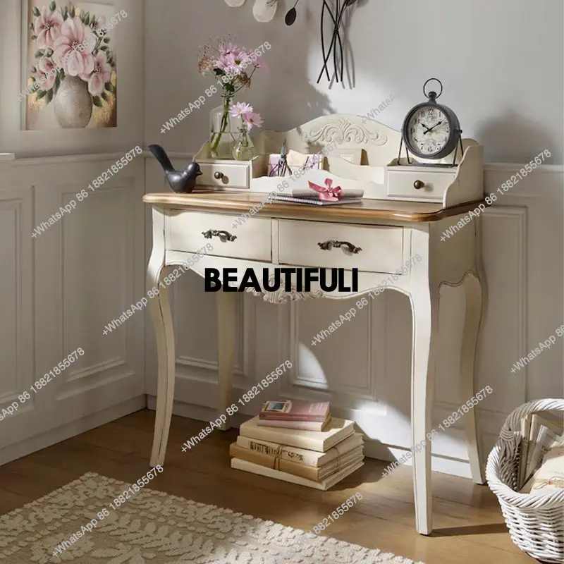

Solid wood desk Small apartment Home writing desk French retro old dresser Mini makeup table