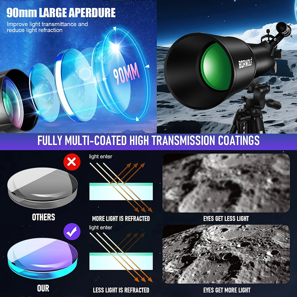 BORWOLF 90600 télescopes d'astronomie pour adultes, ouverture 90 mm 600 mm, 24X-250X HD pour l'observation des étoiles et l'observation des oiseaux