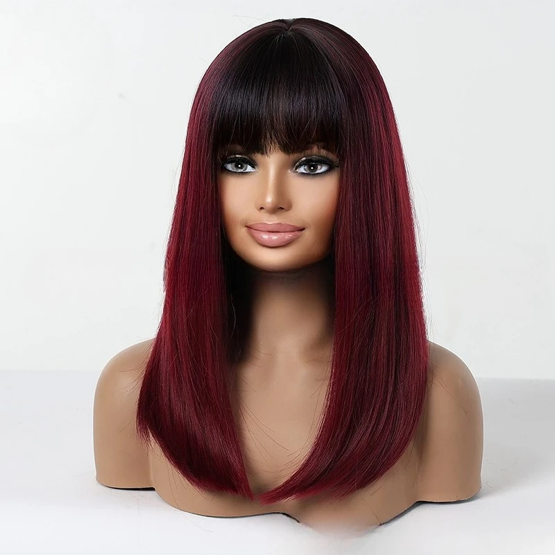 

Fashion women black gradual change red Qi bangs medium long hair, trend layered hair tail curl wig cos