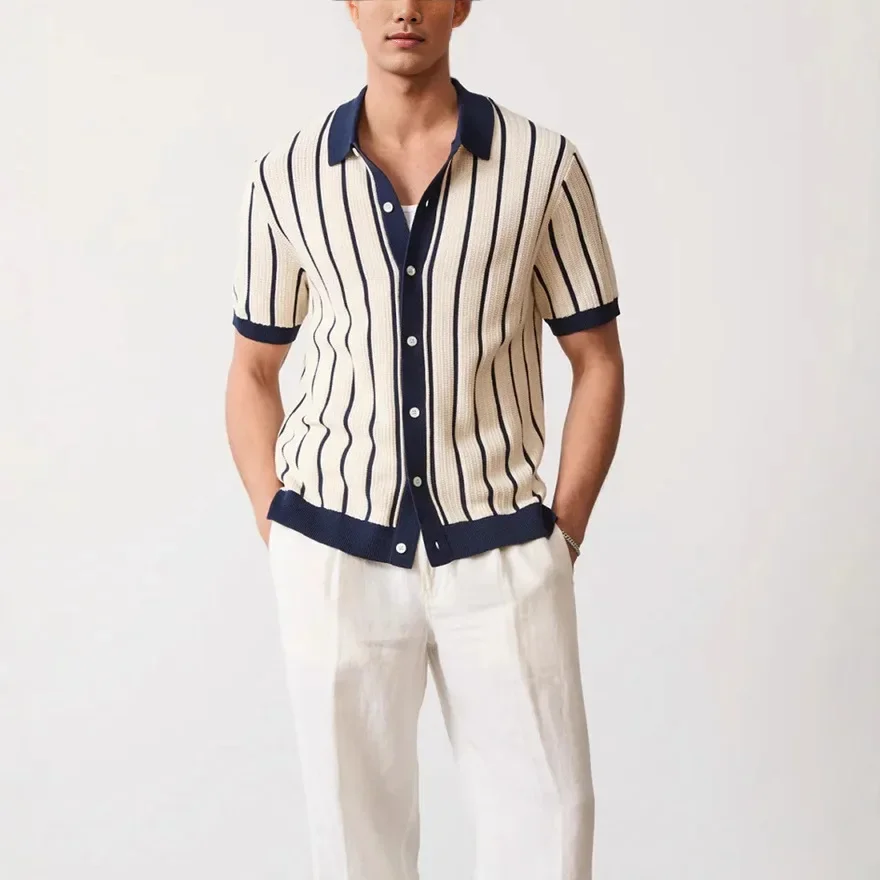 

New Summer Men's Striped Knit Polo Shirts Fashion Patchwork Short Sleeve Turn Down Collar Smart Casual Polos Men Knitted Tops