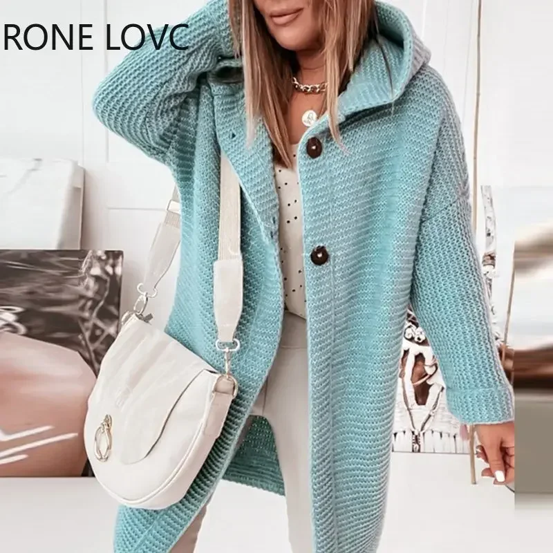 

Women Casual Solid Hooded Long Sleeves Button Knitting Autumn Jackets Spring Tops