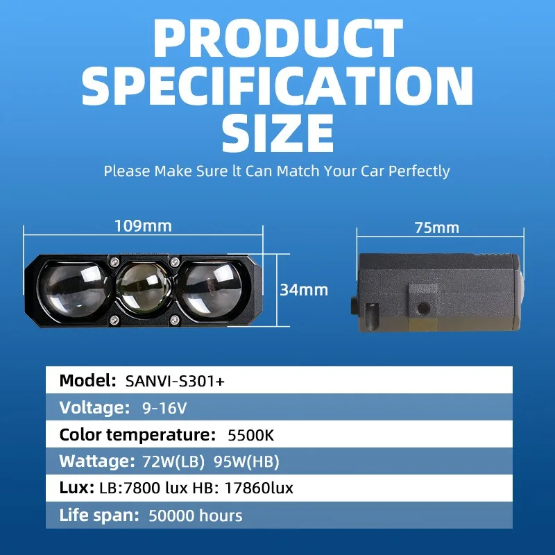 

12V 95W 6000K 3 Eye Tri LED Projector Lens Car Grille Lights Fog Driving Spot Lights