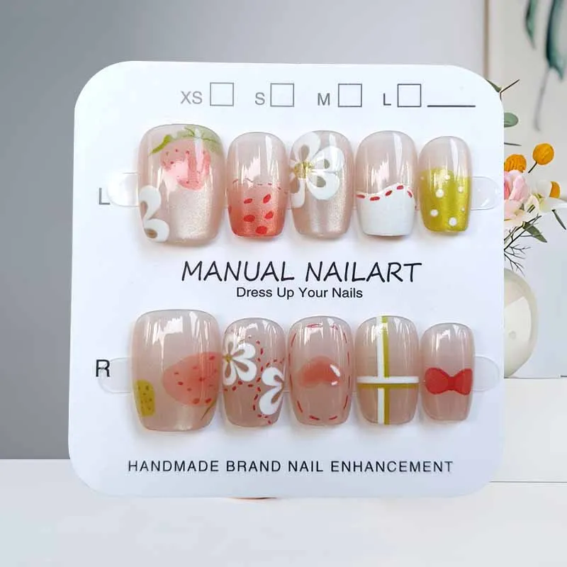 

10Pcs Women Cute Strawberry Sweetheart Black White Flower with Cat Eye Design Press on Nails Lovely Bear Bowknot Fake Nails