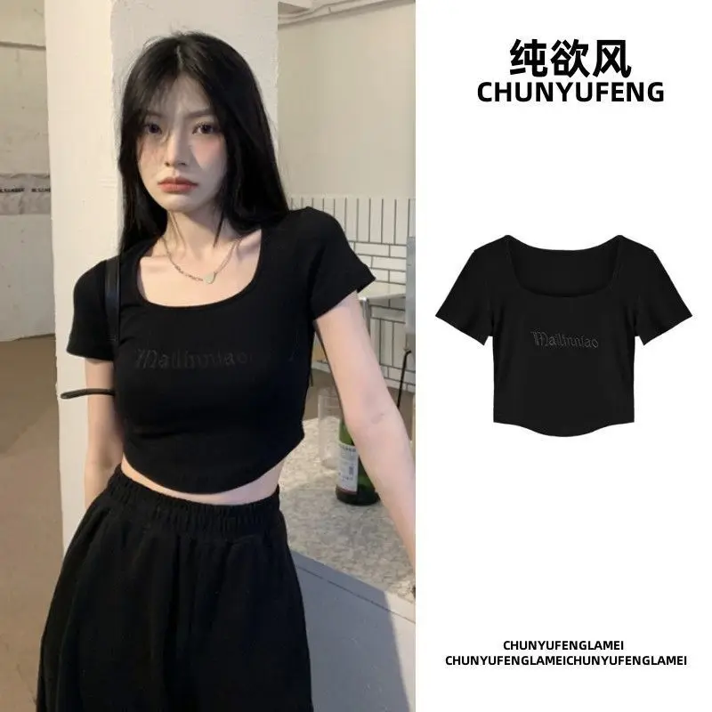 Embroidery Letter T Shirt Crop Top Women Summer 2023 Square Collar Pullovers Woman Short Sleeve Tees Slim Fit Sports Tops Female