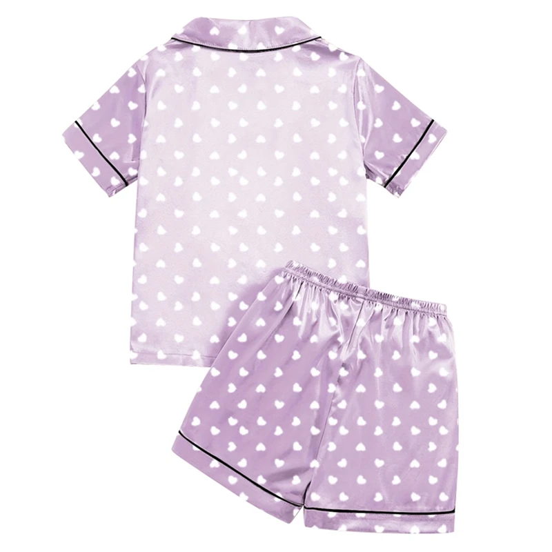 Girls Simulation Silk Short Sleeve Shorts Homewear Set Children Button Heart Lapel Pajamas 8-12 Years Old Children Pajamas Set