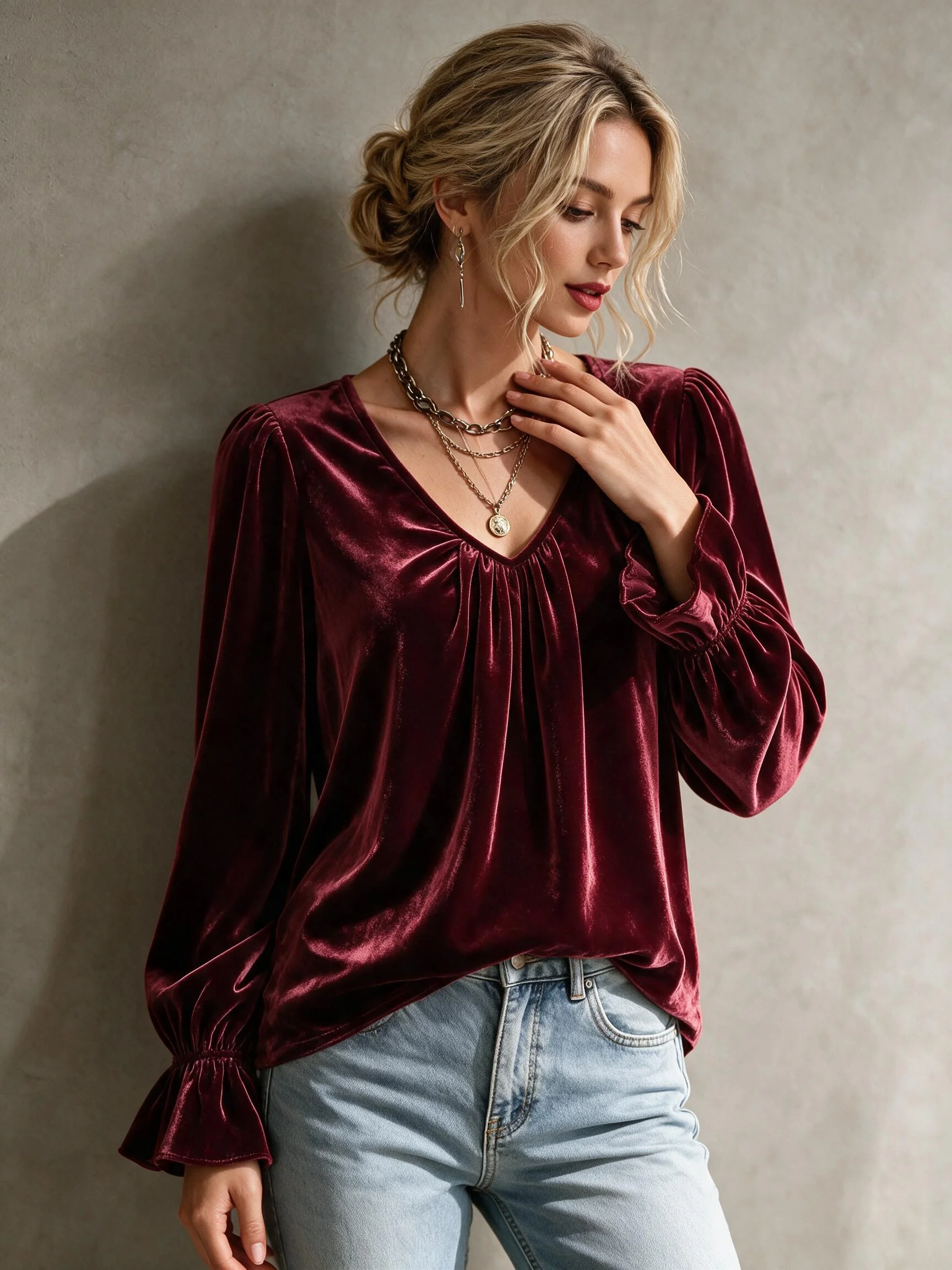 Plus-Size-Samtbluse für Damen, V-Ausschnitt, lange Ärmel, plissierte Laternenärmel, elegante burgunderrote Oberteile, lässiges, lockeres Hemd – Detail 19