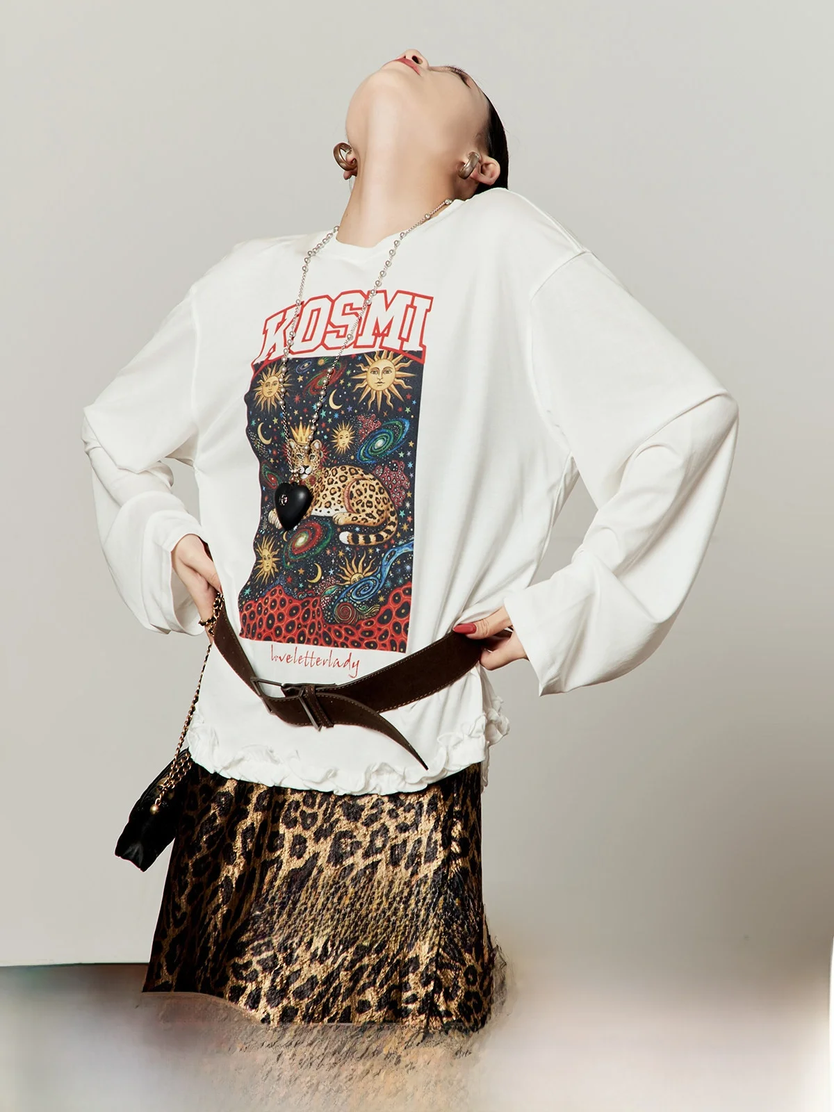 

Loose Long Sleeve T-Shirt Women's Vintage Style Star Night Party Leopard Print Casual Fashion Slimming Top by Zhou Li Wu