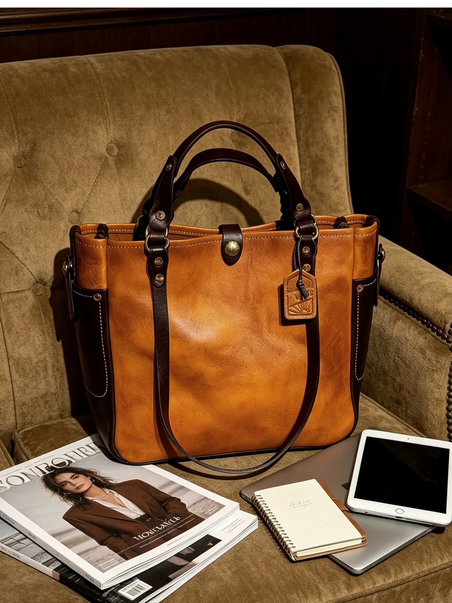 Vintage Designer Handgefertigte Arbeits-Tragetasche aus pflanzlich gegerbtem Rindsleder für Herren, Business Casual Luxus Naturleder Handtasche – Detail 2