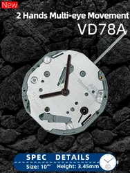 New TMI VD78A Original Hattori Japan 2 Hand Quartz Watch Movement VD78 Small Second At 6:00 Multi-eye 6G28 Date At 6:00 Overall