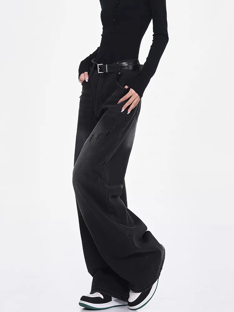 Jeans neri a gamba larga stile street da donna estivo Abito quotidiano Pantaloni vintage Pantaloni da ragazza cool Pantaloni larghi a vita alta femminili