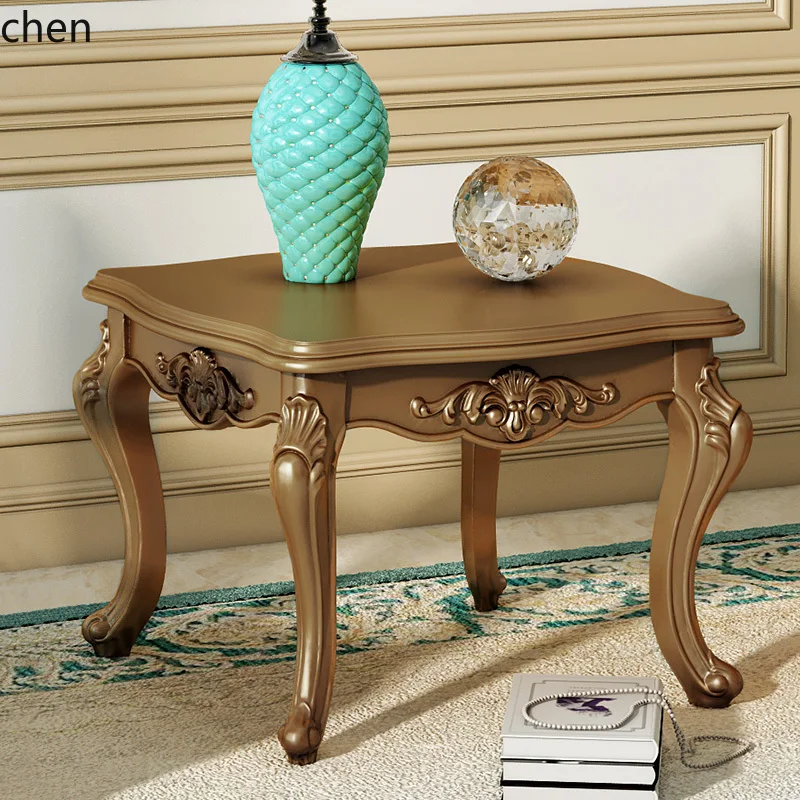 CZ Neoclassical Side Table Solid Wood Carved Champagne Gold Living Room Set Matching Furniture Double Layer Corner Table