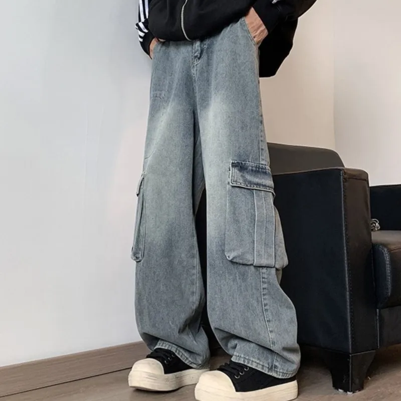 Men Cargo Jeans Loose Straight Wide Leg Denim Pants Men's Hip Hop Streetwear Neutral Skateboard Mopping denim Trousers