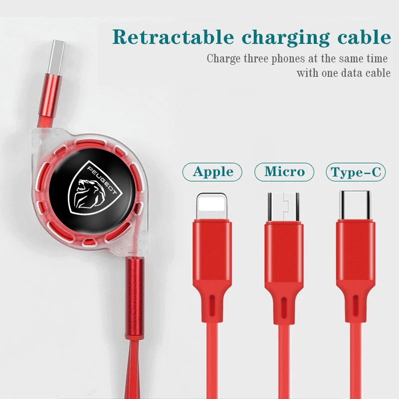 Телескопический кабель 3 в 1, подходит для мобильного телефона Apple Type C Android, USB-кабель для быстрой зарядки нового логотипа автомобиля Peugeot