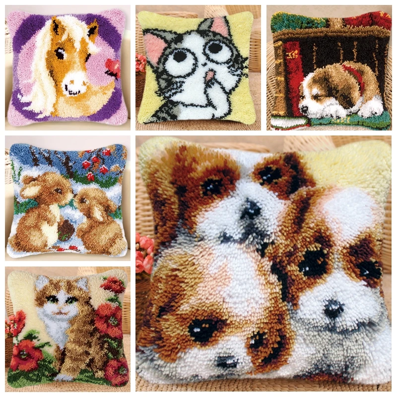 DIY Latch Haken Tiere Katze Hund Kissen Kissenbezug Leinwand Häkeln Teppich Stickerei Teppich Latch Haken Kit Gestrickte Knoten Kissen