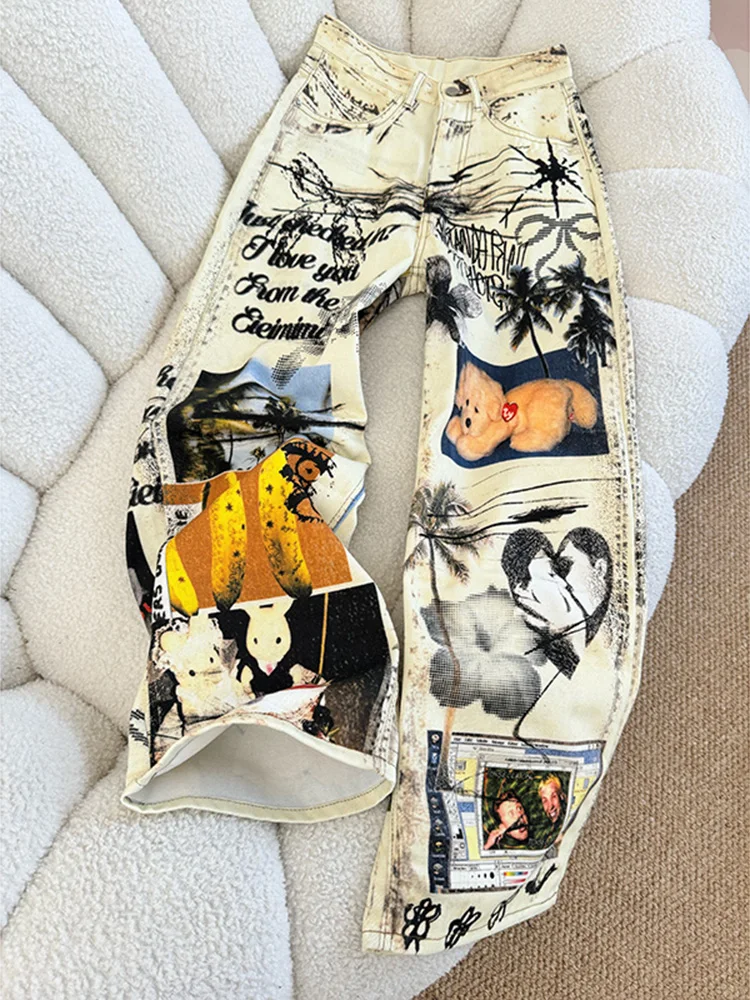 

Cartoon fiti Print Men's Jeans American Retro Vibe Waed out Wide Leg Pants Relaxed Fit Casual Wear Durable Denim