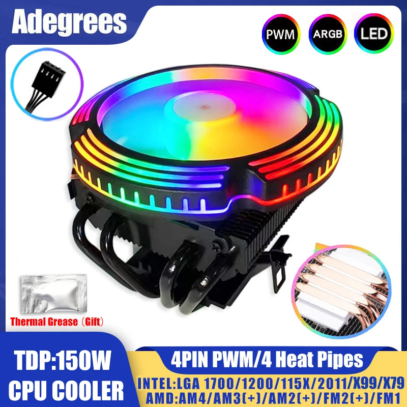 4 Heat Pipes ARGB CPU Cooler 120MM Low Profile 4PIN PWM PC Radiator for Intel LGA 1700 2011 1150 1151 X99 AM3 AM4 Ventilador