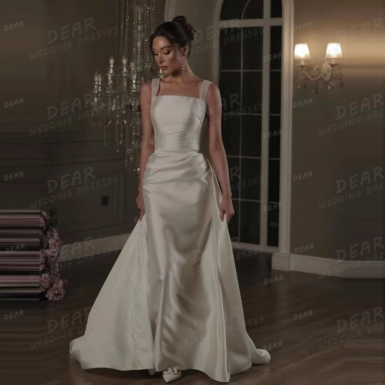 

Luxury Beading Wedding Dresses Detachable Mermaid Sexy Sparkling Sleeveless Women's Bridal Gowns Lace Up Square Collar Vestidos