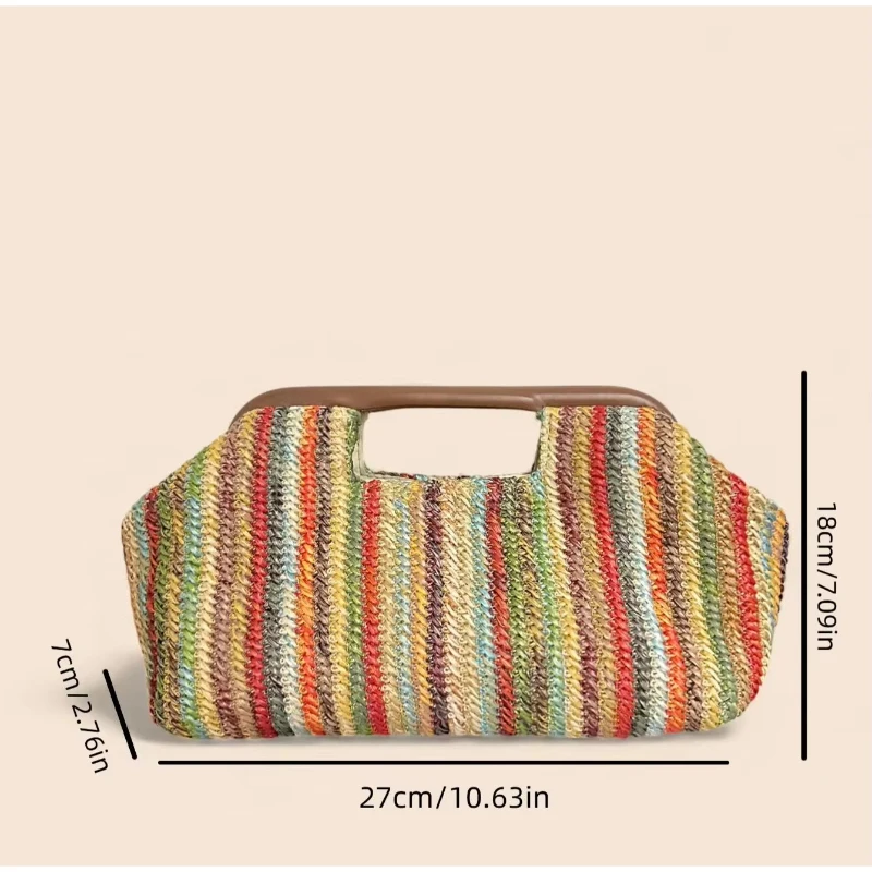 Handtasche mit Obergriff, Clutch aus gewebtem Stroh, Hobo-Tasche in Ahornblatt-Farbblock-Design, Damen-Sommermode-Abendtasche mit Farbkontrast – Detail 1