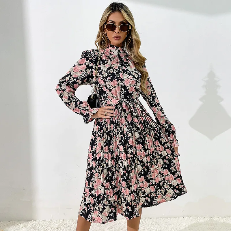 PULABO Fashion Women's Clothing Printed Long Sleeve Mock Neck Dress Vestido Feminino Dresses For Women 2024 Autumn Winter