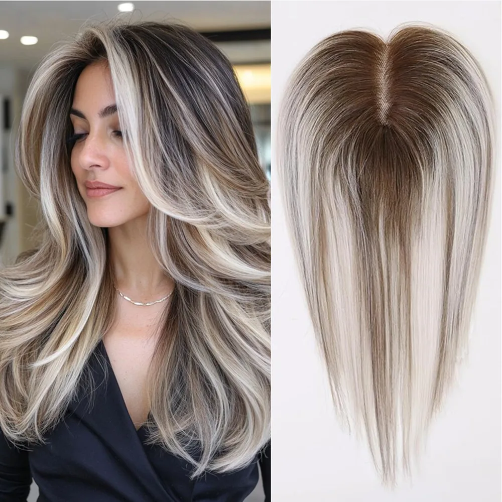 

Коричневые светлые топперы из натуральных волос для женщин, натуральные омбре, блики, шиньоны с кружевной основой, 3,5*4 дюйма, на заколке для наращивания волос