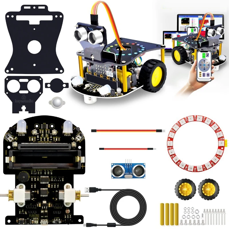 Mini coche Robot inteligente Microbit V2 para Micro:Bit, Kit de coche Robot, juguetes de programación gráfica, bricolaje electrónico (sin batería)