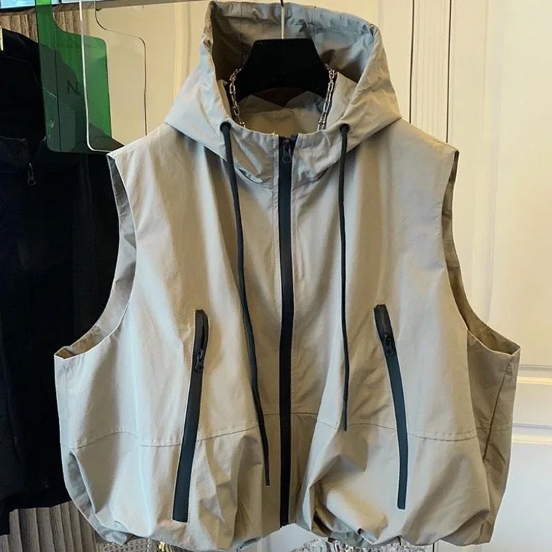 Spring Autumn Female Zipper Waistcoat Coat 2026 Womens Solid Color Sleeveless Outwear European Ladies Leisure Hooded Vest Jack