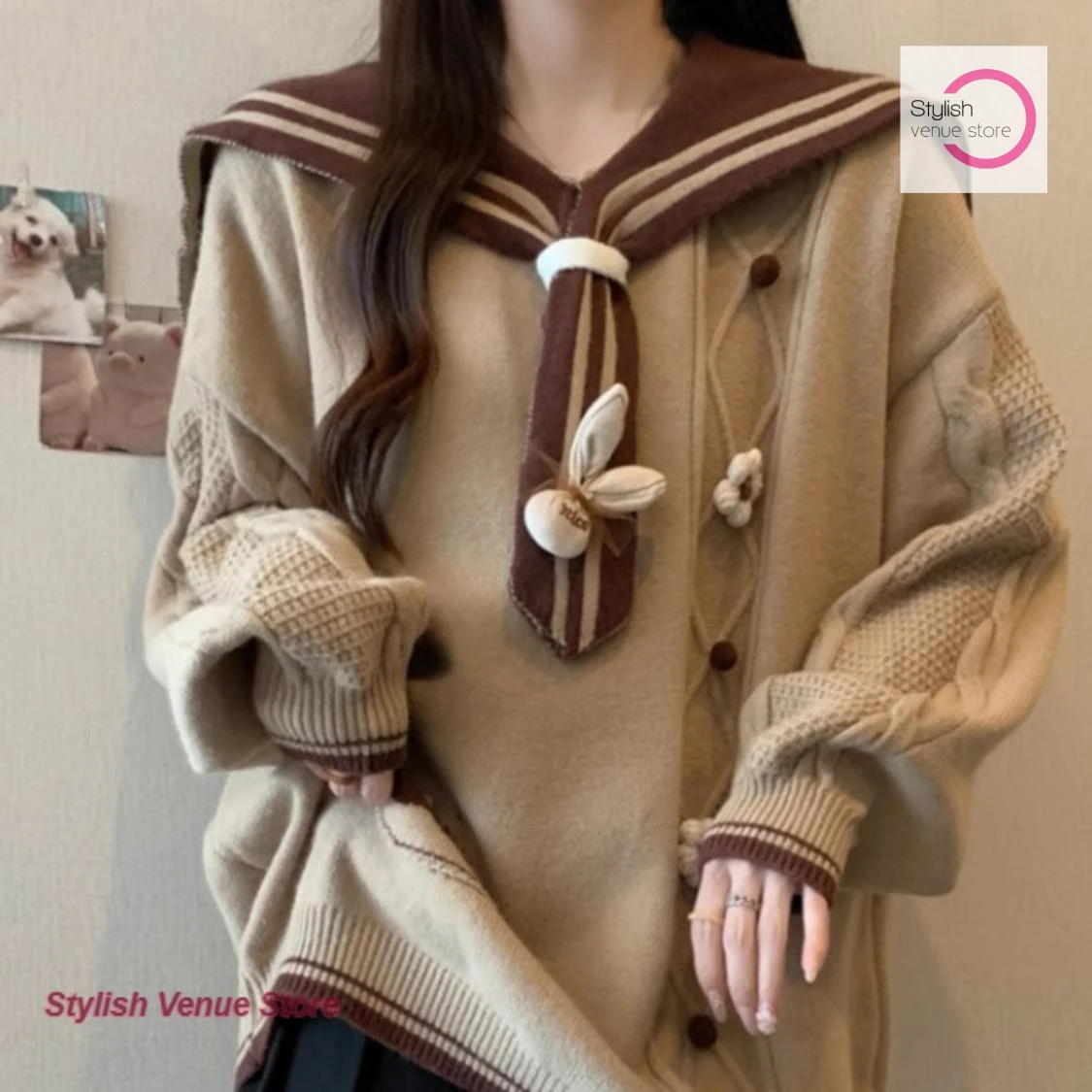 

Maillard fashion temperament coffee sweater women's autumn and winter new plus size loose casual long navy collar coat. pullover