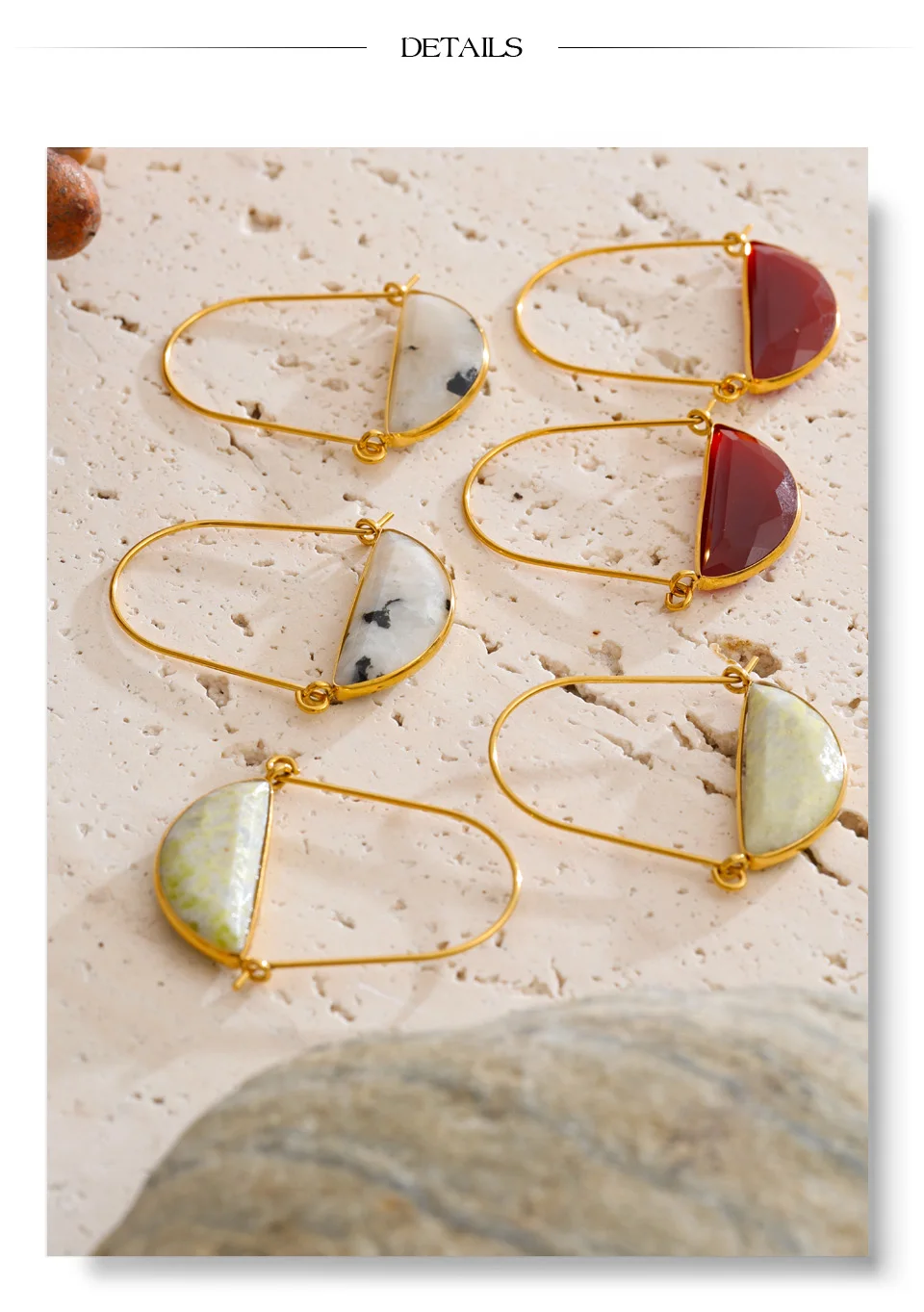 Yhpup Neuheiten Edelstahl-Mondstein-Achat-Creolen Hochwertige Modische Goldfarbene Ästhetische Ohrschmuck – Detail 9