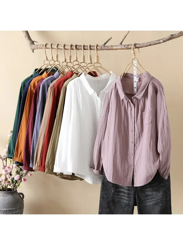 Merry Pretty High Quality Cotton Yarn Shirts Women  Spring Solid Blouses Long Sleeve Lady Tops Soft Skin-Friendly Base Shirt