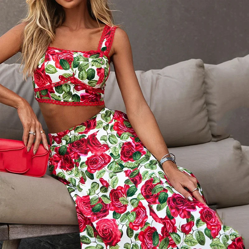 Wefads Two Piece Set Women Elegant Chic Rose Printed Square Neck Sleeveless Strappy Backless Top Loose Long Skirt Set Streetwear