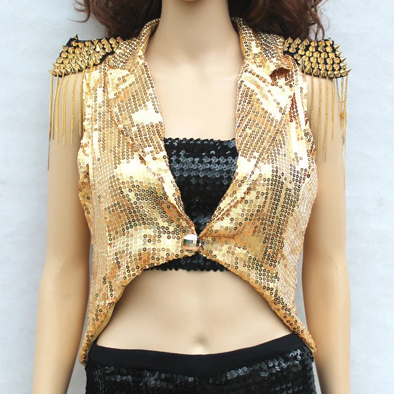 Sequins Women Fashion Waistcoat Sleeveless Vest Exquisite Cropped Tuxedo Coat for Hip-hop Jazz Dance Stage Performance Clothes